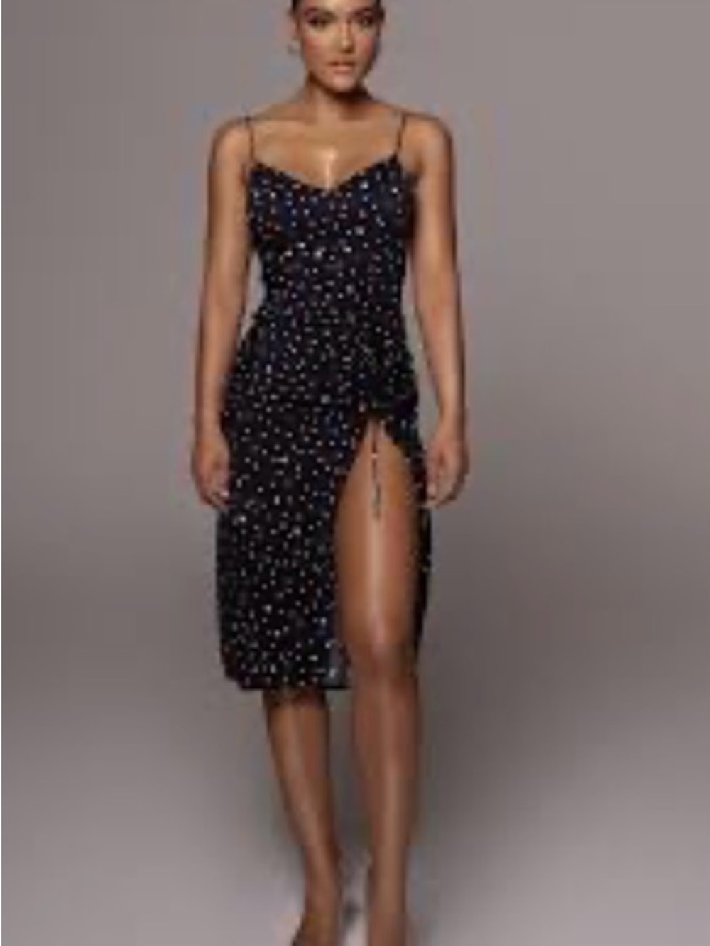 JLUXLABEL Navy Polka Dot Midi Dress + High Slit- NWOT - So Chic